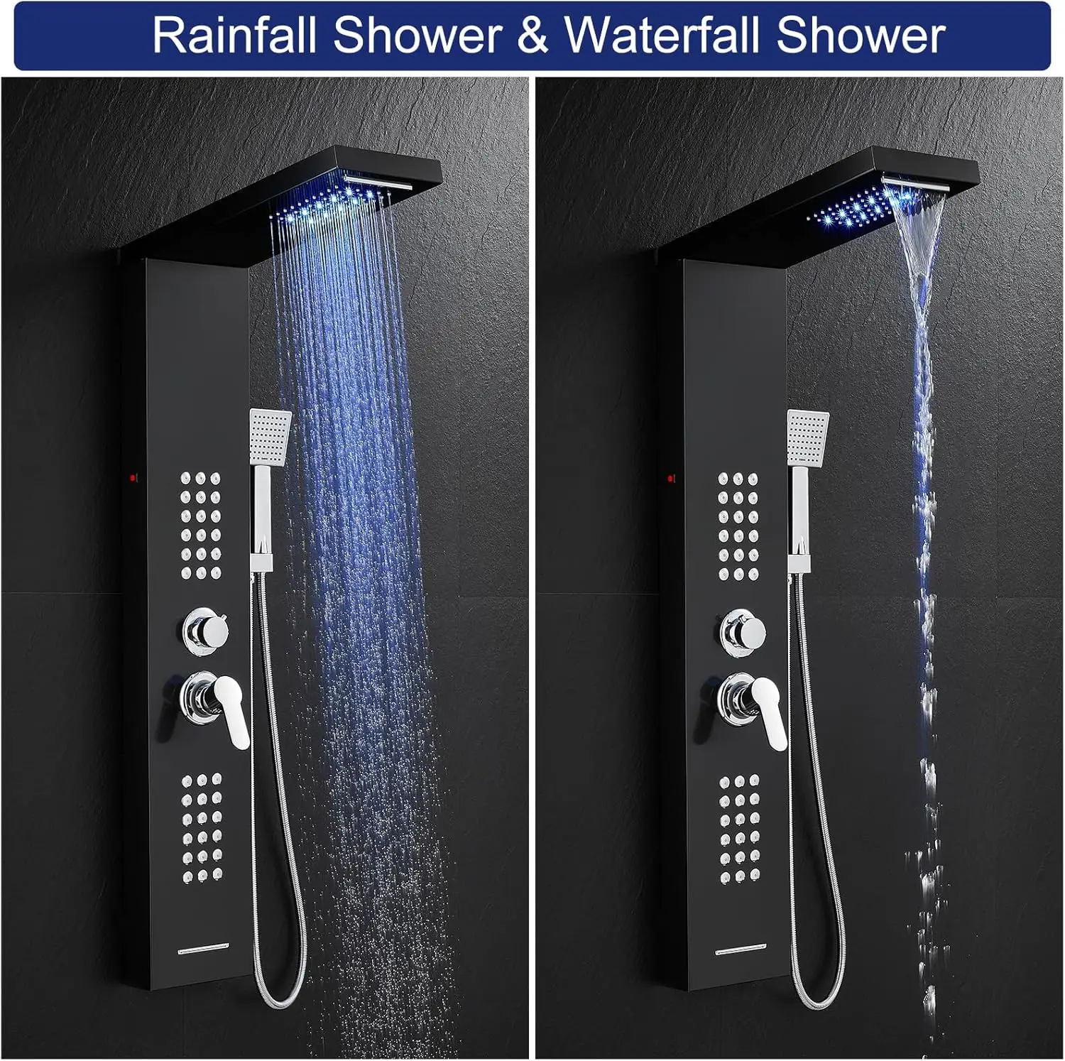 ROVATE LED Shower Panel Tower System Stainless Steel, Rainfall Waterfall Shower Panels with Jets and Handheld