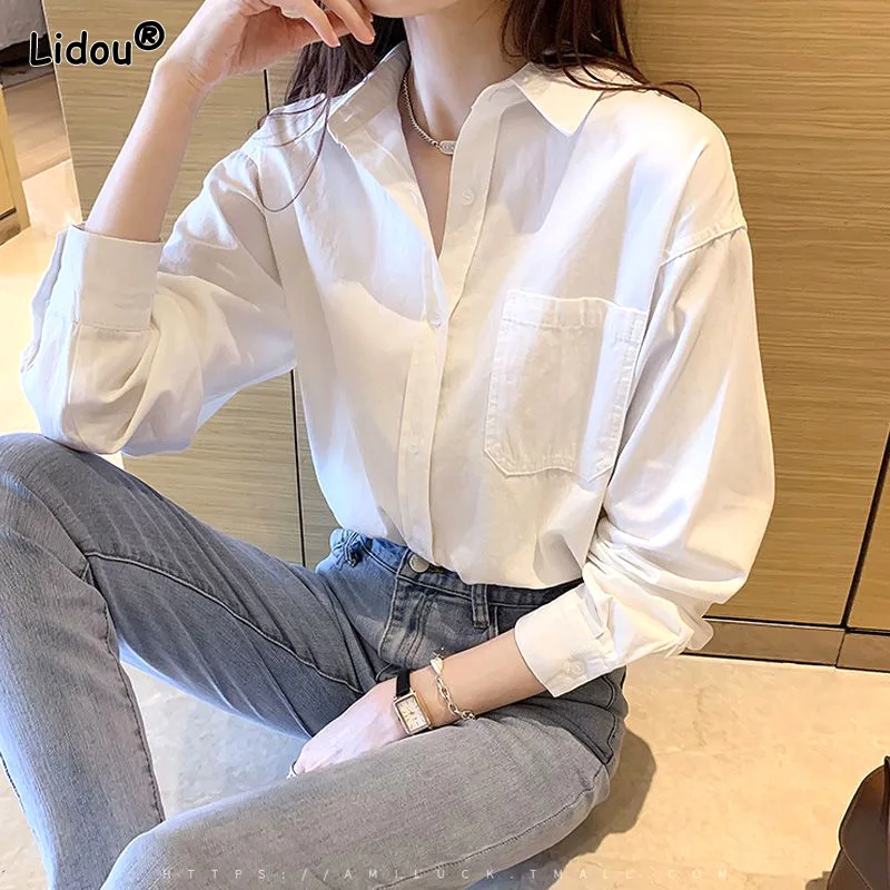 Casual Shirts Solid Thin Women's Clothing Autumn Winter Pockets Button Bottoming Classic Comfortable Formal Office Lady Simple