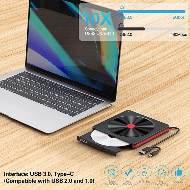 Portable CD DVD Drive, External DVD Drive Strong Compatibility CD DVD VCD  For Laptop For PC For Desktop Computer