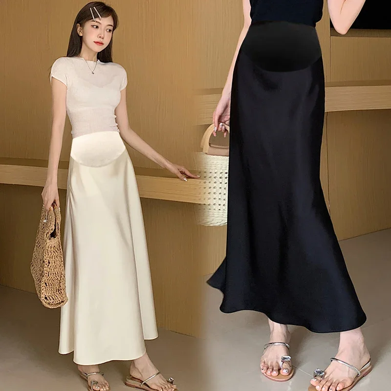 Vintage Silk Feel Smooth Pencil Skirts for Maternity Summer Thin Slim Ruffle A Line Long for Pregnant Women Youth Pregnancy Wear