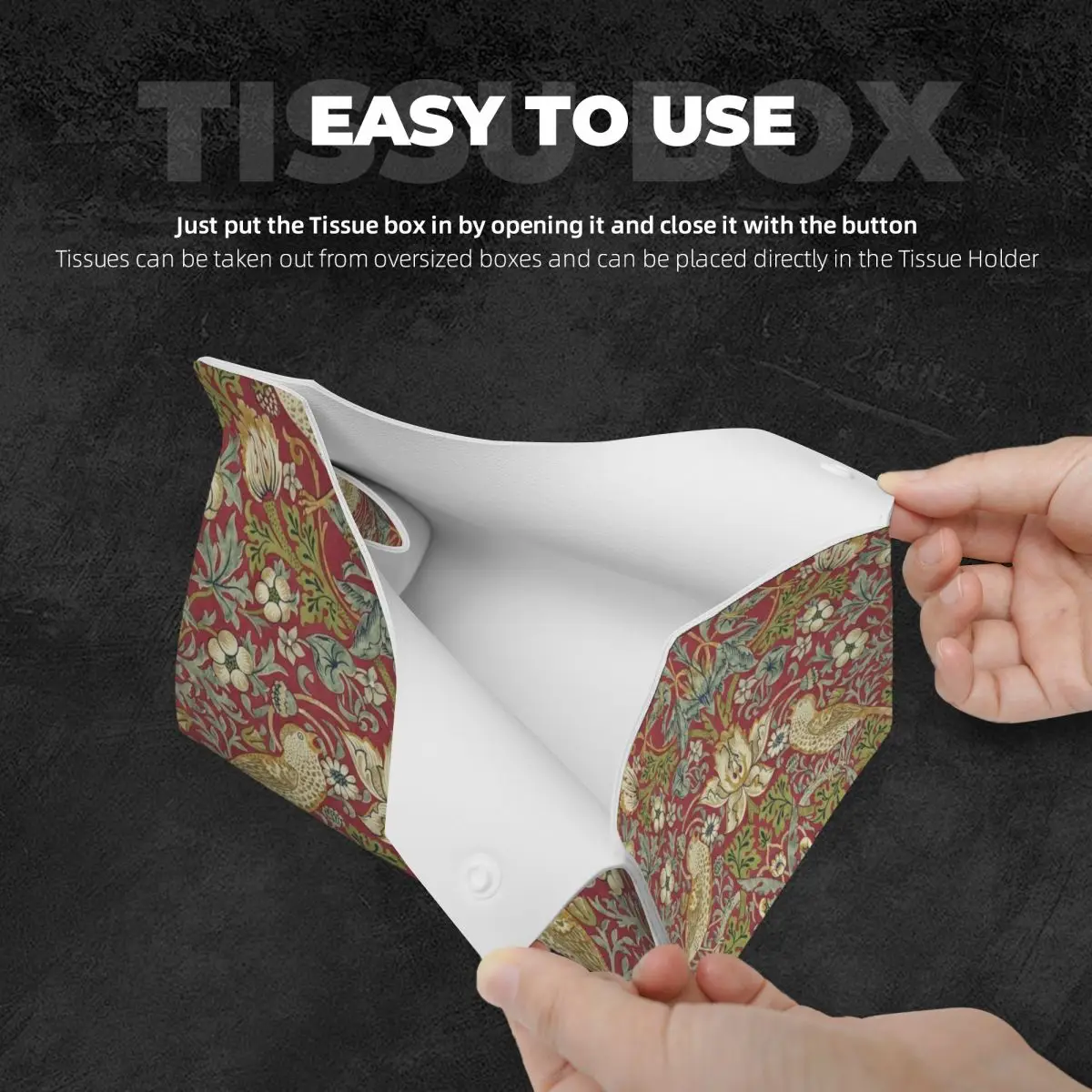 Custom William Morris Strawberry Thief Red Box Cover PU Leather Rectangular Floral Textile Pattern Facial Tissues Holder for 4
