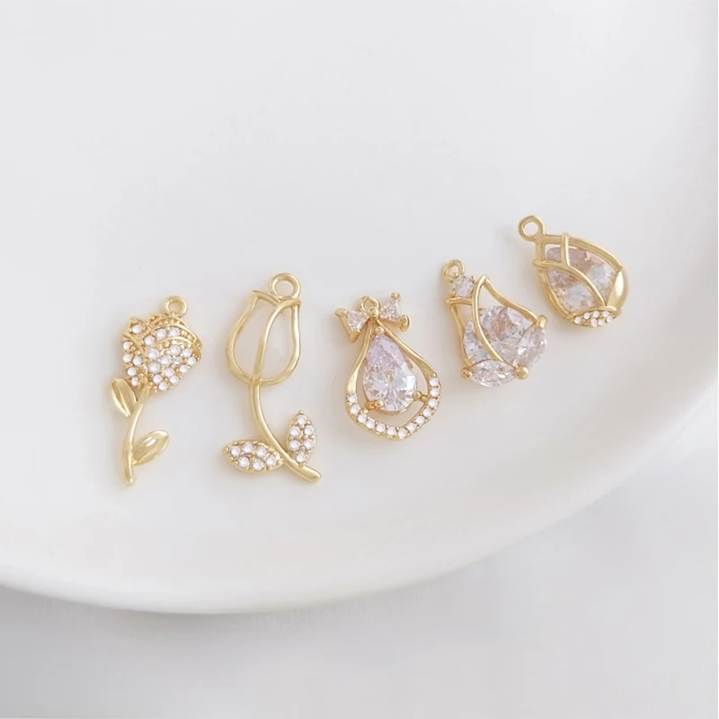 

14K позолоченный латунный выложенный CZ тюльпан цветок подвеска для самостоятельного изготовления ювелирных изделий Supply