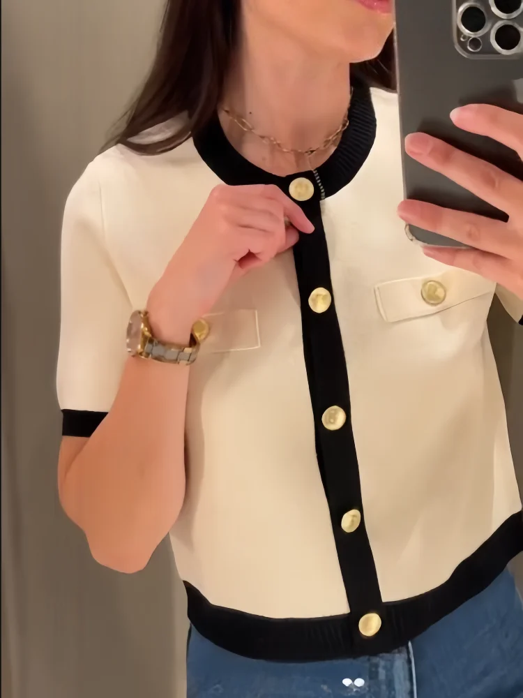 Spring New Women's Fashion and Elegance Slim Fit Versatile Knitted Spliced Short sleeved Coat