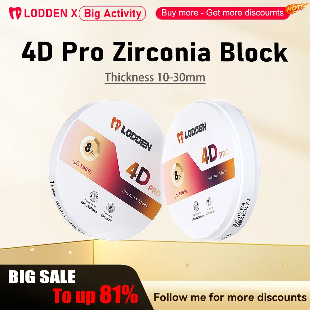 LODDEN Zirconia Block 4D PRO Multilayer Zirconia Disc 98mm 8 Layer Open System Vita 16 Colors For CAD/CAM Dental Lab Material