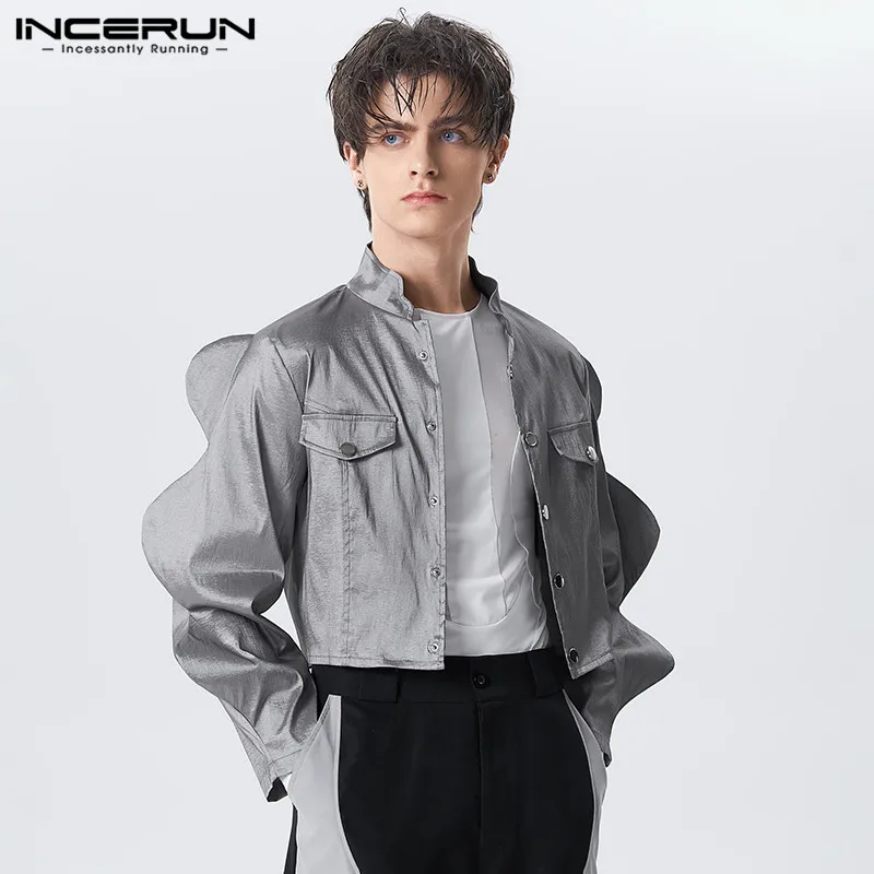 

Stylish Well Fitting Tops INCERUN New Mens Shiny Short Design Sleeve Jackets Casual All-match Male Hot Selling Male Solid Coats