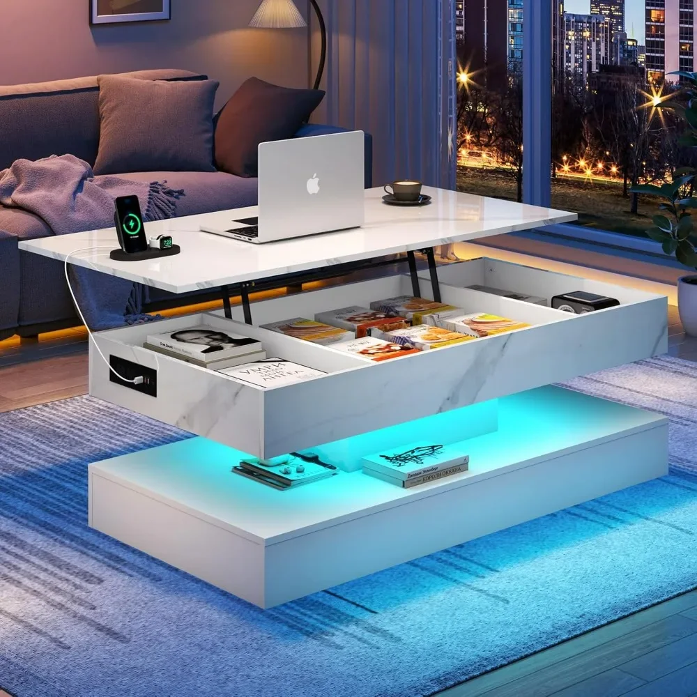 47.2" Large Lift Top Coffee Table with Charging Station, Hidden Compartment Storage, Marbling Print, LED High Glossy Tables 6