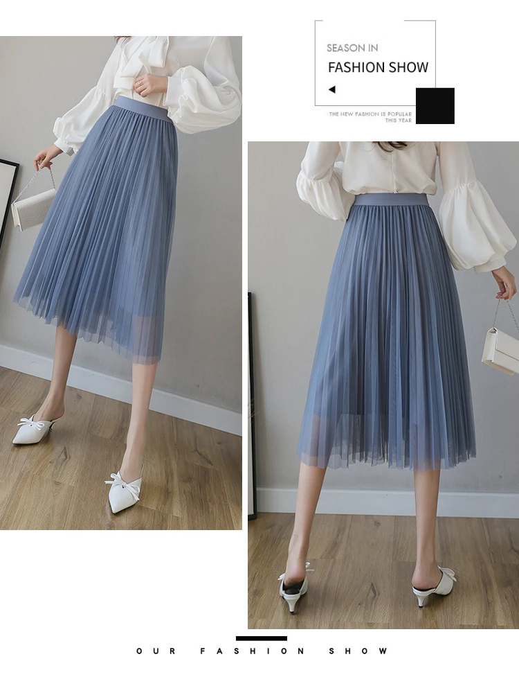 tennis skirt Women Pleated Mesh Mid Length Skirt Summer Elastic High Waist Fashion Solid Korean Casual Party A-Line Tulle Skirts Female 2022 white denim skirt