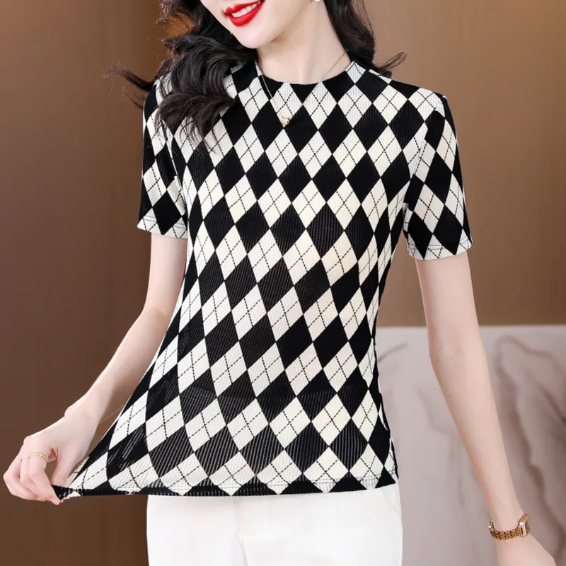 

#1468 Summer Office Plaid T Shirt Women Short Sleeve Slim Fit Stretch Mesh T Shirt Female Sexy O-Neck Thin Women's Tee Shirt