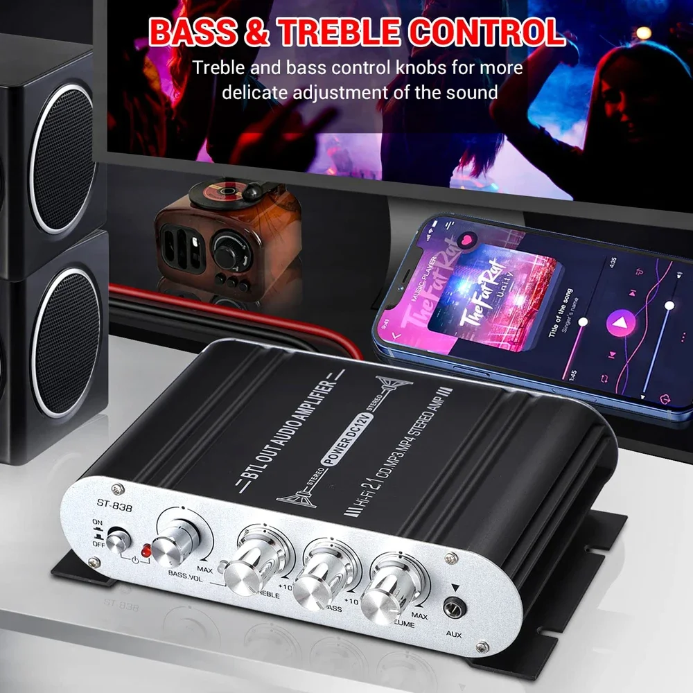 ST-838 HIFI 오디오 앰프, 2.1 CH 차량용 미니 파워 앰프, 트레블 베이스 조정, 20WX2 + 40W RMS 디지털 서브우퍼