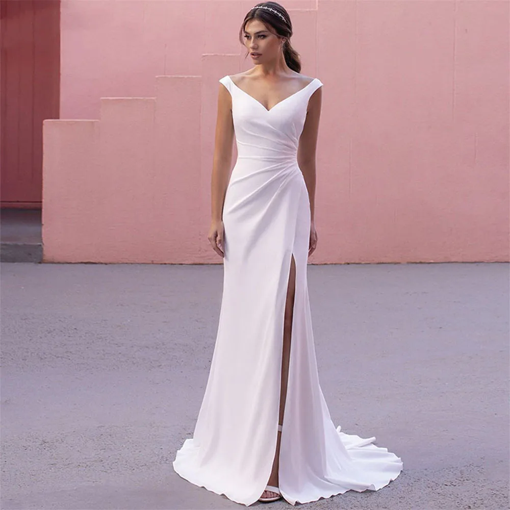 

2022 Newest Elegant Sexy Delicate White Satin Wedding Dress V-Neck Side Slit Sleeveless Pleat Simple Bridal Gown Fashion Ivory