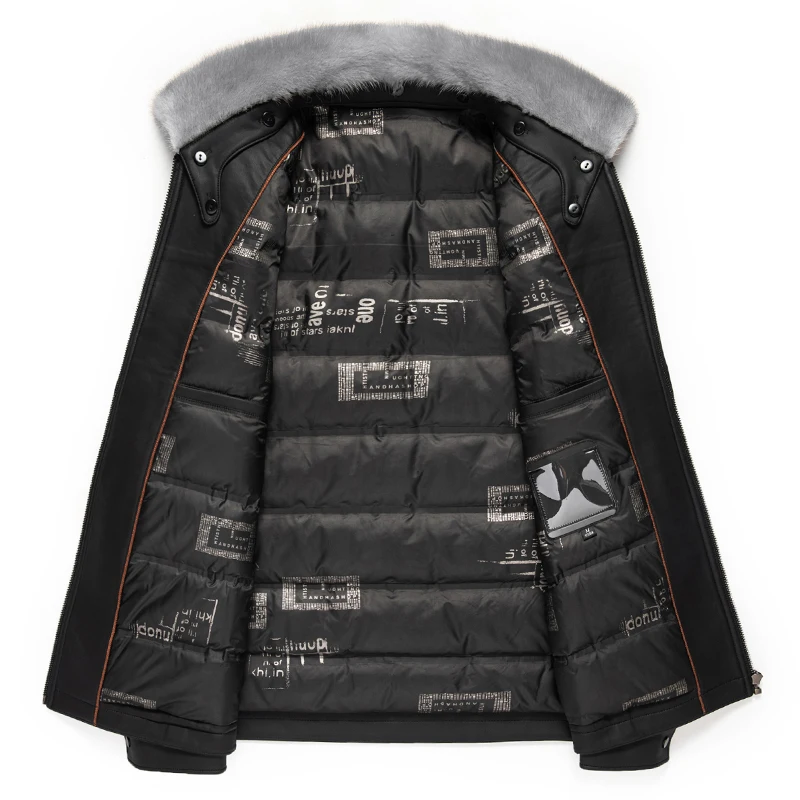 Men's Winter Removable Ferret Down Collar Sheepskin Down Jacket White Duck Leather Jacket Thick YN-2286