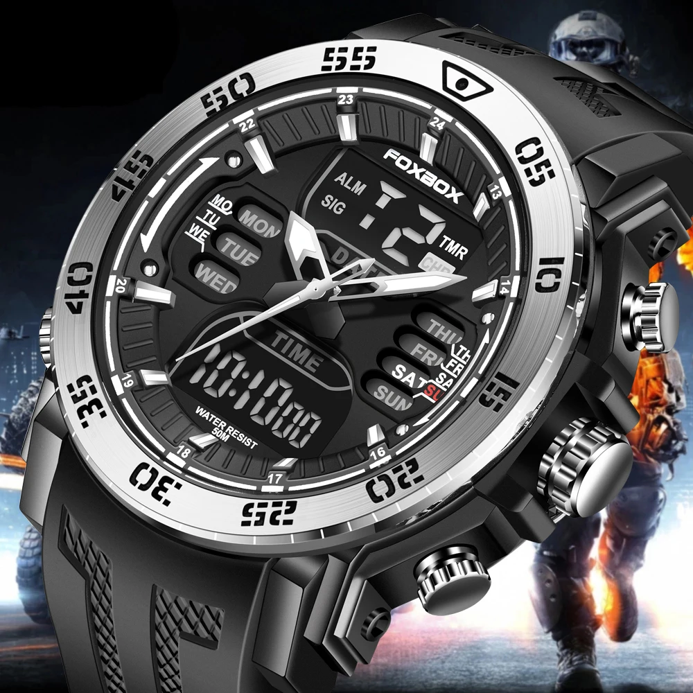 New Fashion Original Man Watch Top Brand FOXBOX Dual Display Quartz Watch Men Waterproof Alarm Clock Luminous Military Watches sn74lvc1t45dbvr sot 23 6 mark ct1f ct1 translation voltage levels singleb dual supply bus trans logic ics brand new original