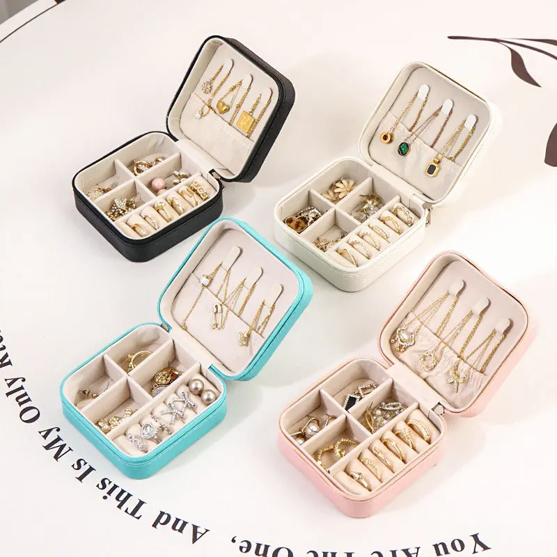 Jewelry Box Portable Leather Jewelry Organizer Box Display Travel Jewelry  Case Boxes Button Leather Storage Zipper Jewelers