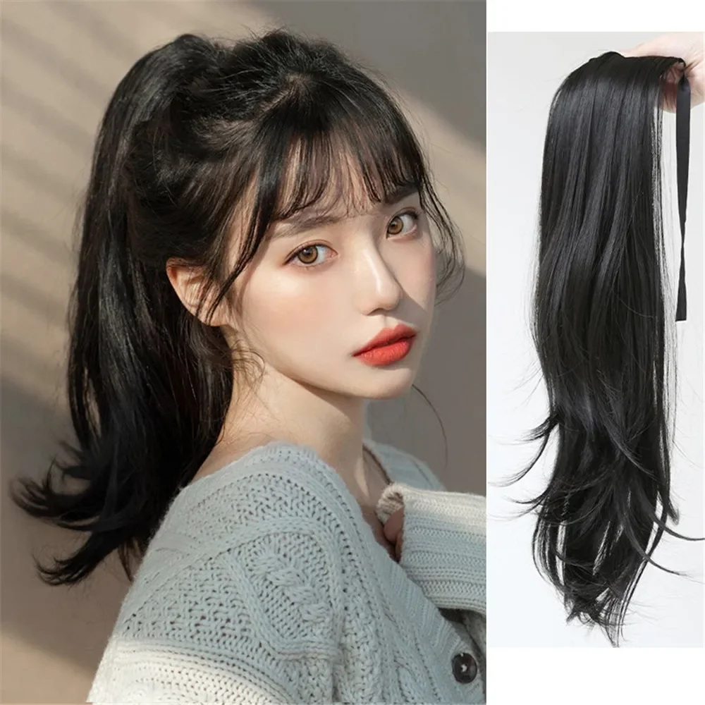 여성용 합성 천연 긴 스트레이트 포니테일 붕대 타입 가발, 머리 꼬리 곱슬 가발 조각, 헤어 익스텐션, 45cm
