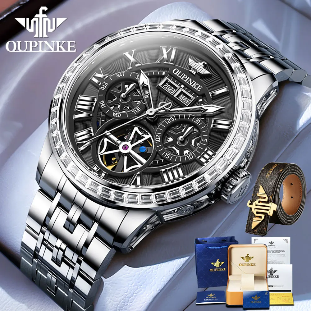 

OUPINKE 3252 Diamond Bezel Luxury Men's Watches Multifunctional Date Week Stainless steel Automatic Mechanical Wristwatch Man