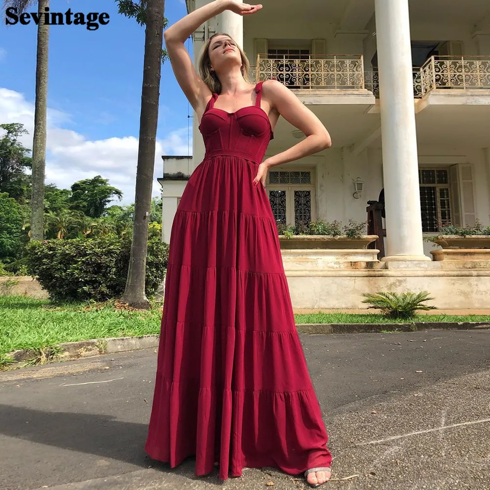

Sevintage A Line Burgundy Formal Prom Dress Tiered Skirt Long Evening Dresses With Boning Sashes Prom Gowns Wedding Party Gown