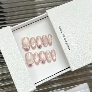 10pcs Handmade Sweet Bow Press on Nails Glass Bead Cat Eyes Design INS Korean Fake Nails Wearable French Almond False Nails 1