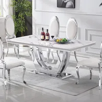 Dining Table Luxury Faux Marble Kitchen Table with Silver Mirrored Finish Stainless Steel Base,Rectangular Dining Room Table 1