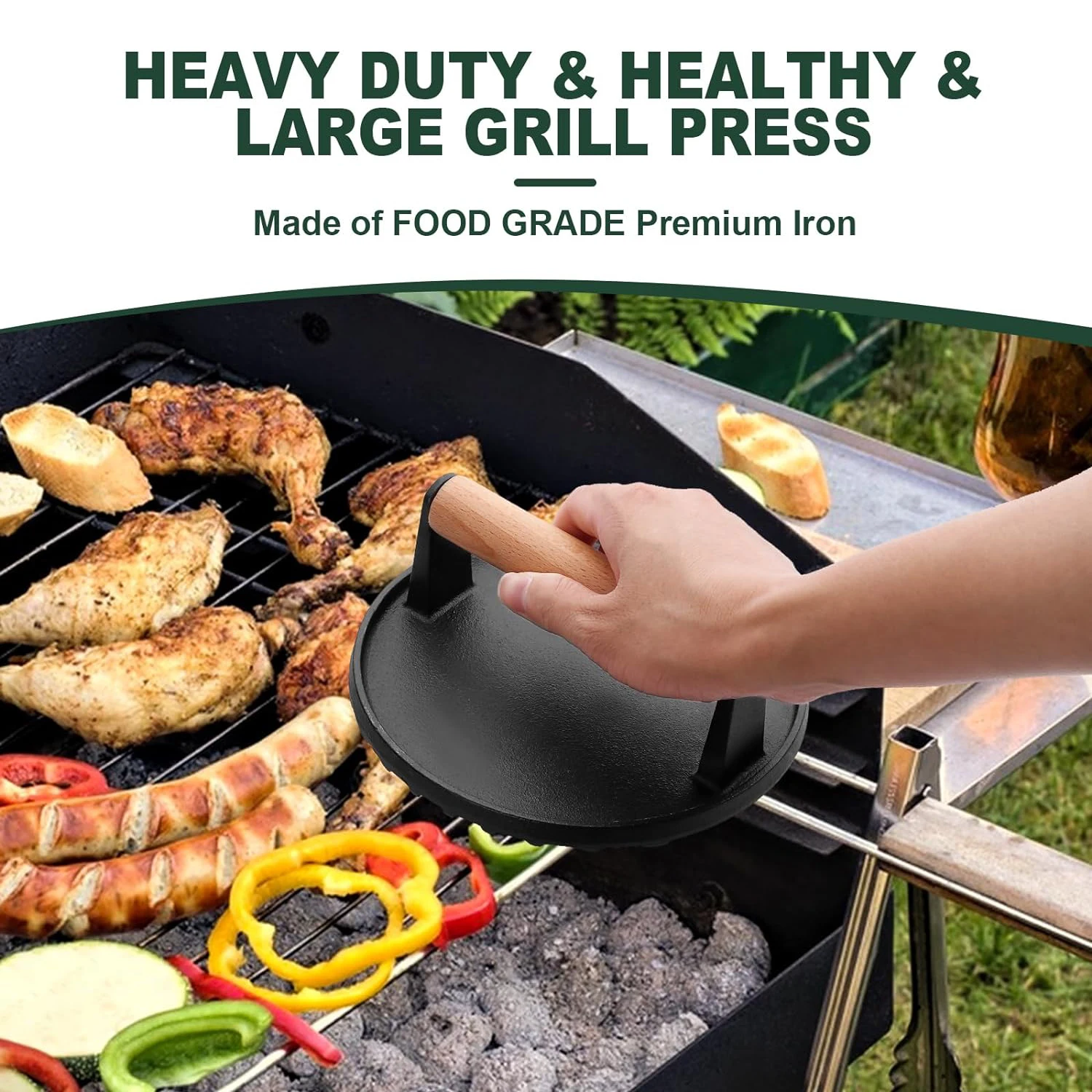 Burger Press Round & Rectangle Heavy Duty Cast Iron Grill Press with Wood Handle Smash Burger Press 1PCS