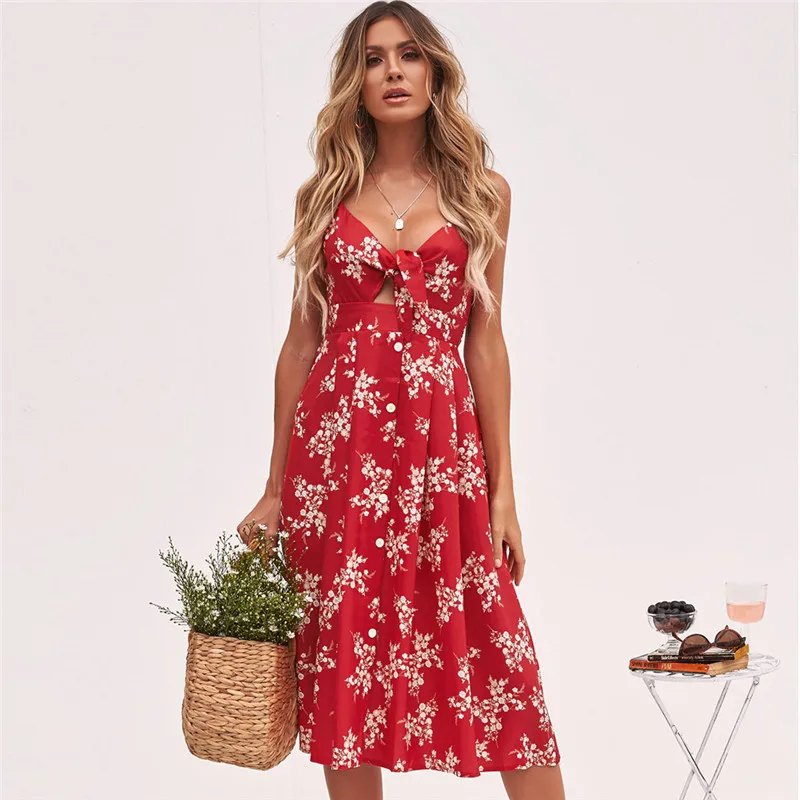 

Sexy Bow Backless Polka Dots Print Dress Women Summer Cotton Deep V Neck Beach Dress Buttons Red White Off Shoulder Midi Dresses