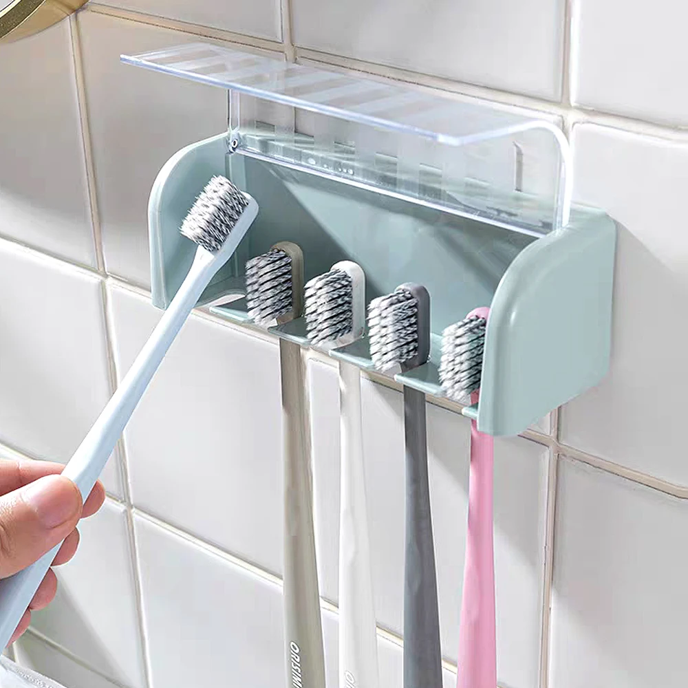 Toothbrush Holder Bathroom Storage Rack Bathroom Wallmount Toothbrush Holder with Cover 5 Slots Without Drilling Home Bathroom Self Adhered Toothbrush Storage Racks