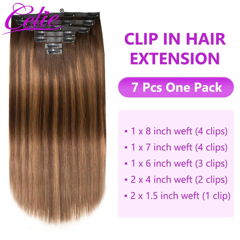 Celie Highlight Seamless Clip In Human Hair Extensions Straight Beginner Friendly 7pcs/pack