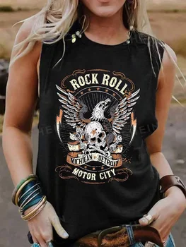 2024 New Summer Street Fashion Women's Crew Neck Tank Top Everyday Casual Women's Sleeveless T-shirt 3D Eagle And Skull Print