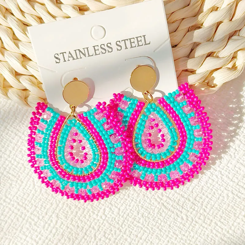 Rice bead earrings Water drop Originality Colour Crystal Design Hand knitting Bohemia Alloy Fashion Simple Beaded earrings