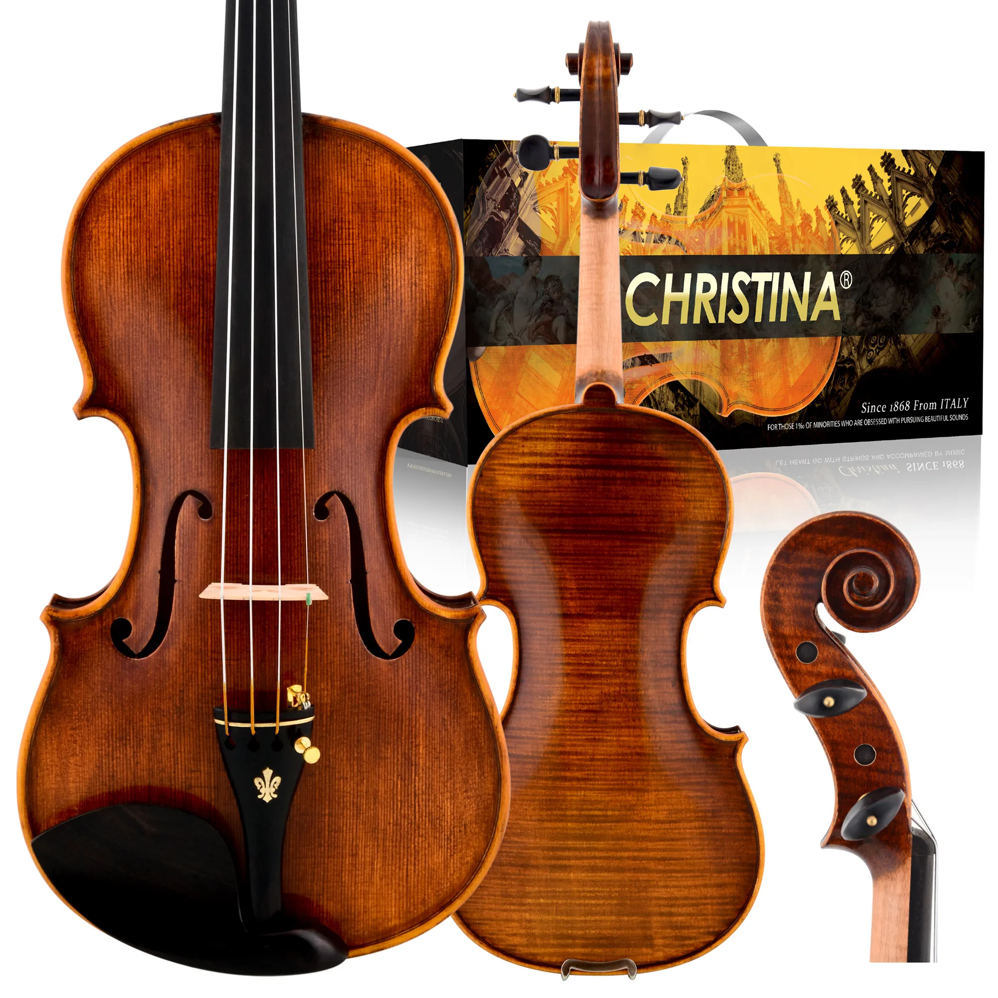 CHRISTINA Advanced Violin V08B, retro matowe, czysto ręcznie robione, świerk i jednoczęściowy klon płomienisty, okucia hebanowe, do profesjonalnej nauki