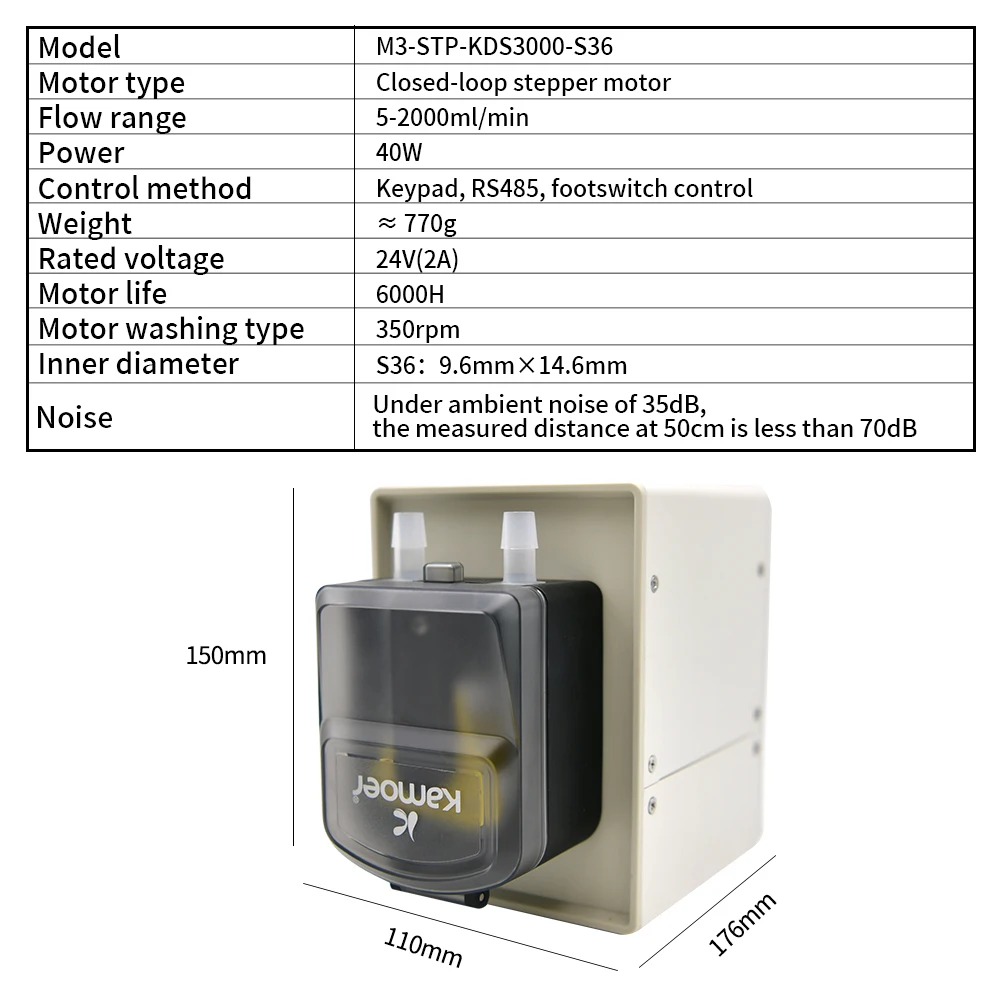 Kamoer 5-2000ml/min M3-KDS3000 High Flow Adjustable Peristaltic Pump 24V Closed Loop Stepper 485 with Foot Switch Lab 9.6 x14.6