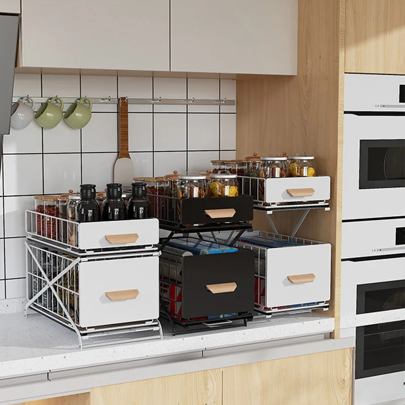 

Multi-Functional Foldable Kitchen Sink Rack Seasoning Rack Height Adjustable Metal Countertop Push-Pull Sundries Storage Rack