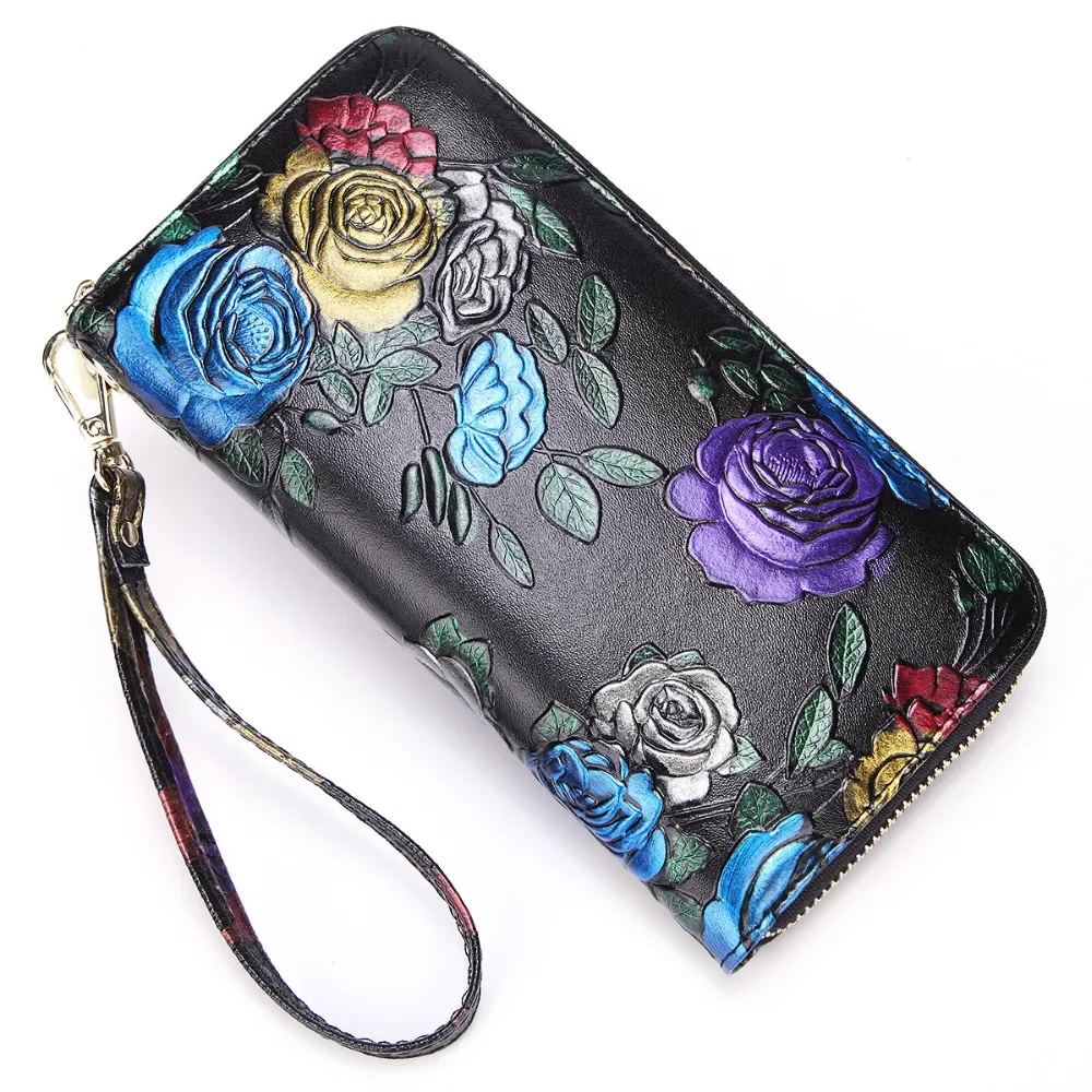 

Women Long Wallet Wrist Clutch Bags Handy Bag Genuine Leather Rose Pattern Retro Coin Cash Card Holder Real Cowhide Money Purse