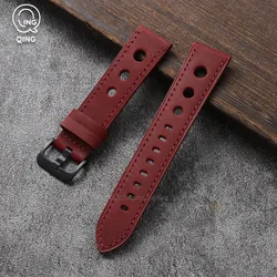 Vintage Matte Leather Watchband with Black Needle Buckle - 22mm (Red)