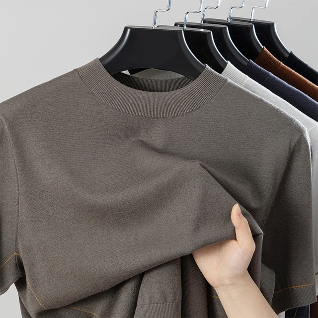 2026 Spring/Summer New Men's Short Sleeved 100% Wool T-Shirt Sweater O-neck Solid Color Loose Knit Pullover Business Casual Tops 1