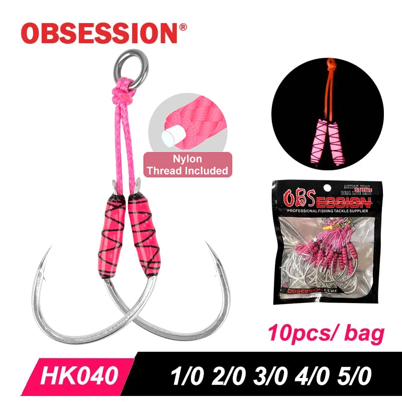 OBSESSION HK040 10 쌍 고 탄소 금속 지그 보조 후크 UV 빛나는 PE 라인 파이크 지그 루어 바닷물 낚시 후크..