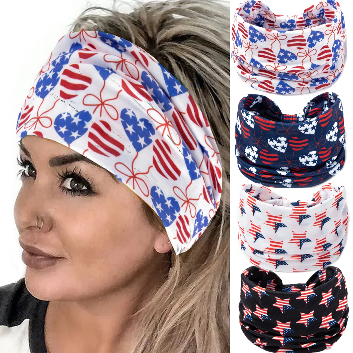 

Independence Day Women American Flag Bandanas Headband 4th of July Celebration Patriotic Accessories Hair Band Star Love Heart