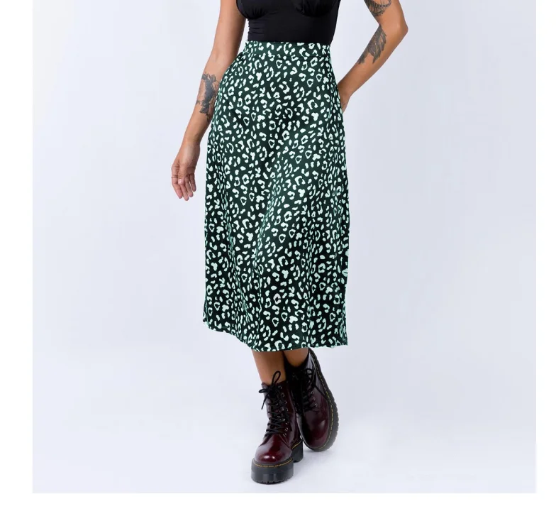 pink skirt 2021 Spring  Summer Cross Border Women's Leopard Chiffon Printed Split Skirt  Sexy Zipper High Waist Mid Length Skirt Green cute skirts