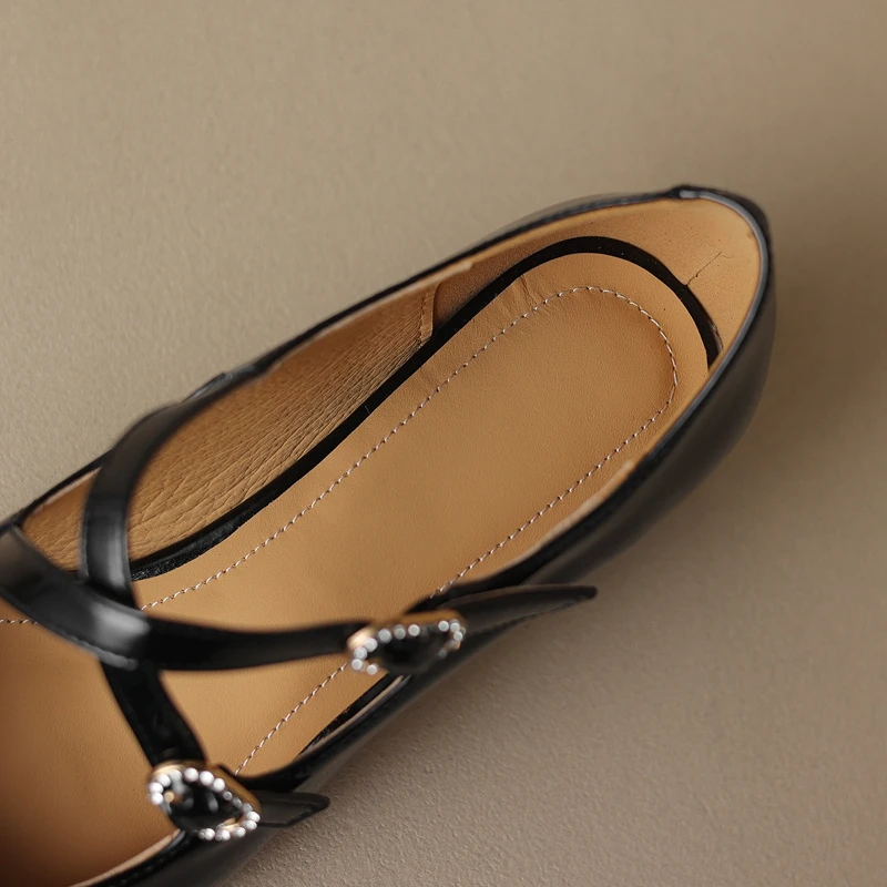 Women's New Spring and Autumn Square Head Genuine Leather Cross Belt Buckle Customized Large Medium Heel Mary Jane Single Shoes