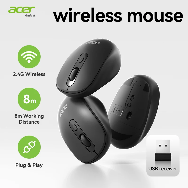 Acer OMR282 무선 마우스, 2.4GHz 컴퓨터 마우스, USB-A 수신기가 있는 사무용 무선 USB 마우스, PC, 노트북과 호환 가능