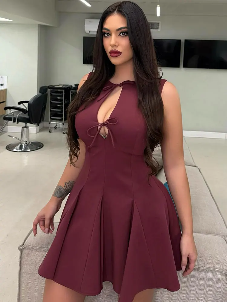 HH Women Fashion Hollow Out Bow Mini Dress Y2k Elegant Sleeveless High Waist Pleated Dresses Female Party Beach Vestidos