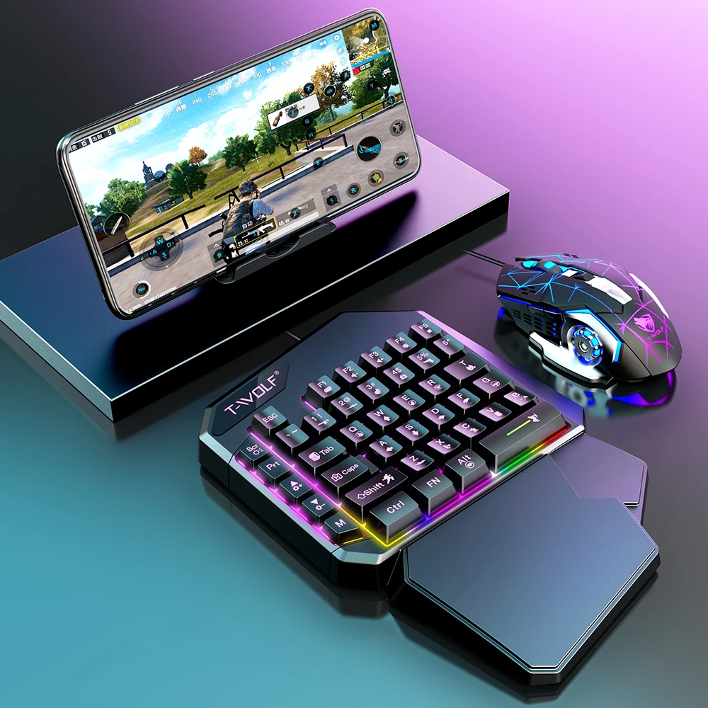 Single-handed keyboard and mouse gaming kit for "Kingdom Rush" mobile game. Left-handed keyboard.