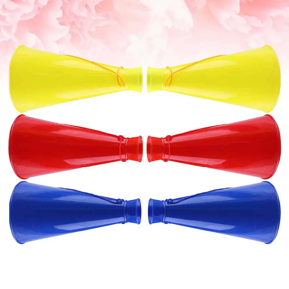 스포츠 팬들을 위한 6Pcs 플라스틱 응원 경적 생일 파티 이벤트 재미있는 시끄러운 트럼펫 확성기 빨간색 노란색 파란색