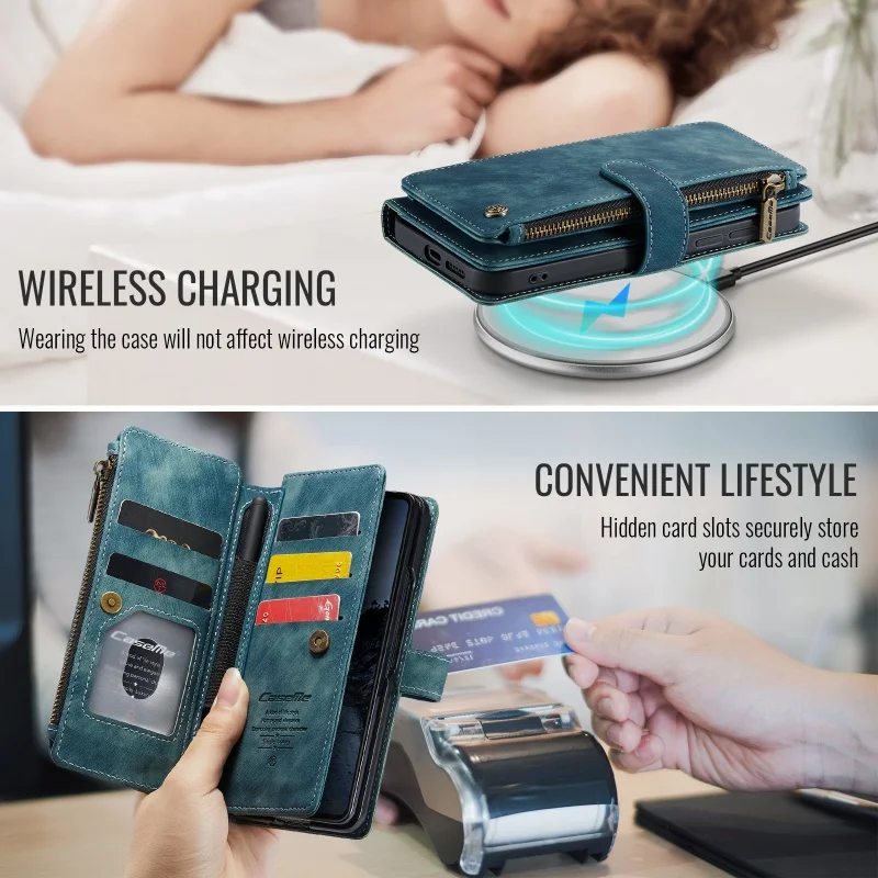 Zipper Leather Wallet Phone Case with Wrist Strap and Card Slots