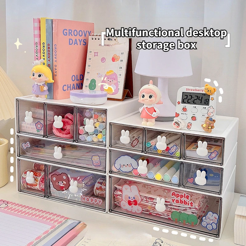Cute Desktop Storage Box Organizer Creative Rabbit Transparent Drawer