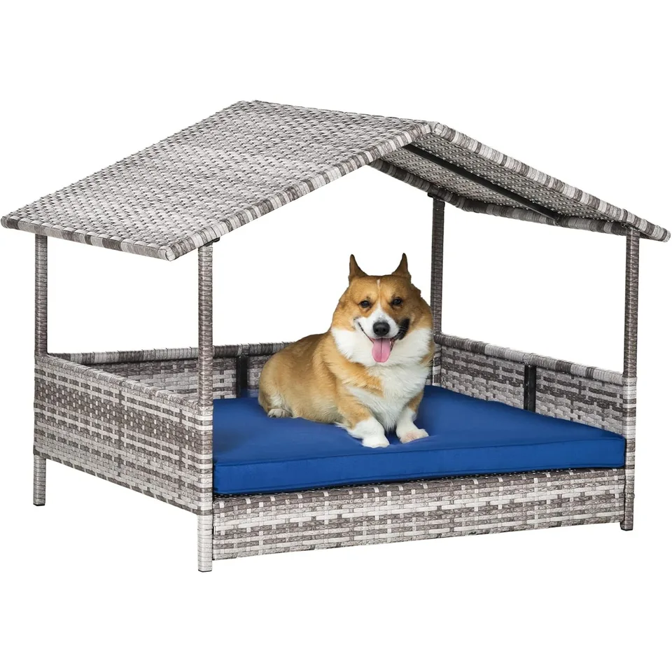 Stylish Wicker Dog House with Canopy and Cushion