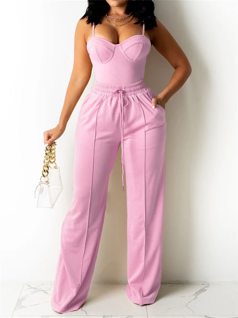 WMNS Jersey Fabric Tank and Drawstring Pants Two Piece Set / Pink