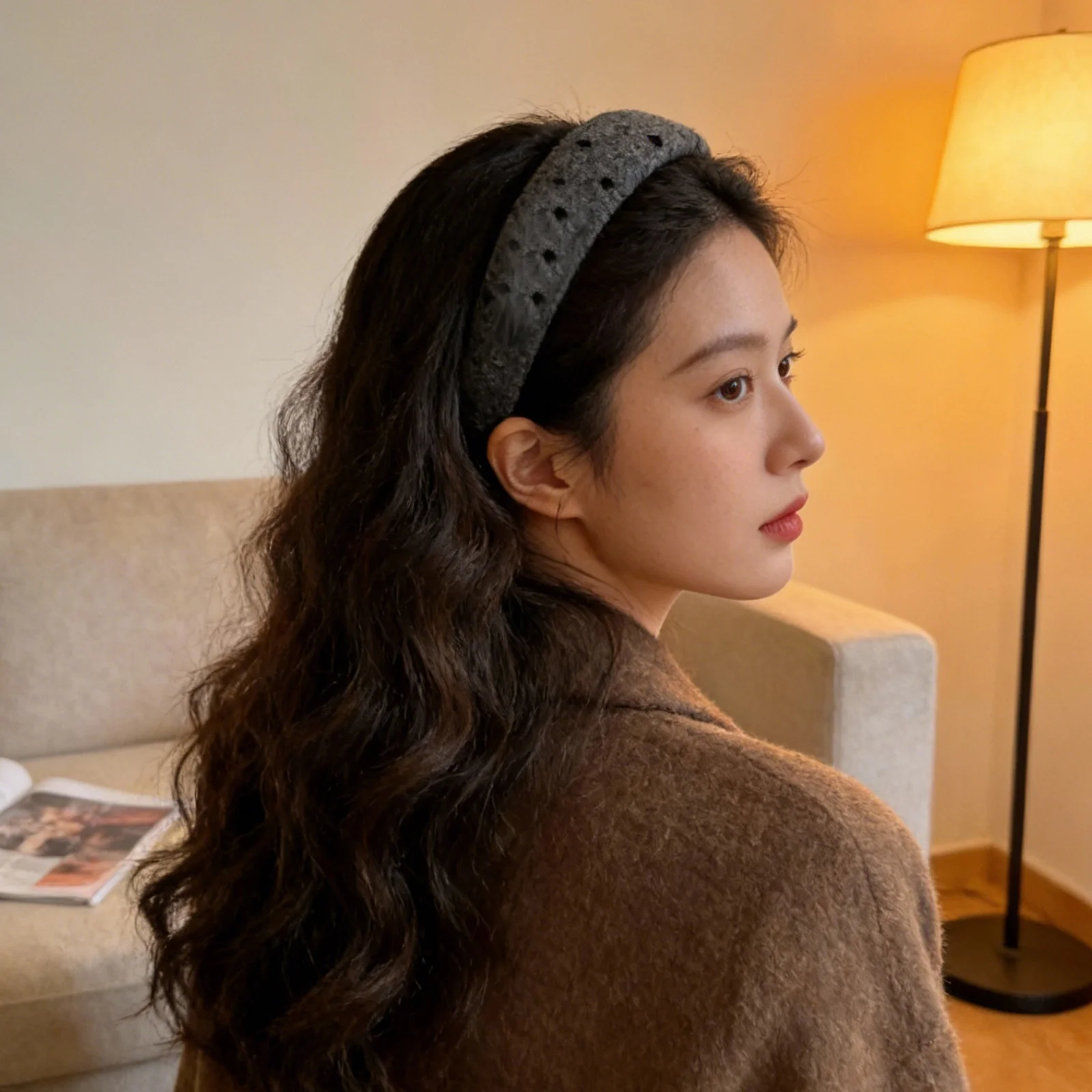 1PC Autumn Winter Gray Headbands, Woolen Heart & Plaid Pattern Hair Bands For Women, Wide Soft Non-Slip Hair Accessories