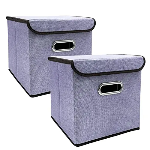 2Pcs Collapsible Storage Bins with Lid 25*25cm Linen Fabric Storage Baskets Washable Decorative Storage Box 3