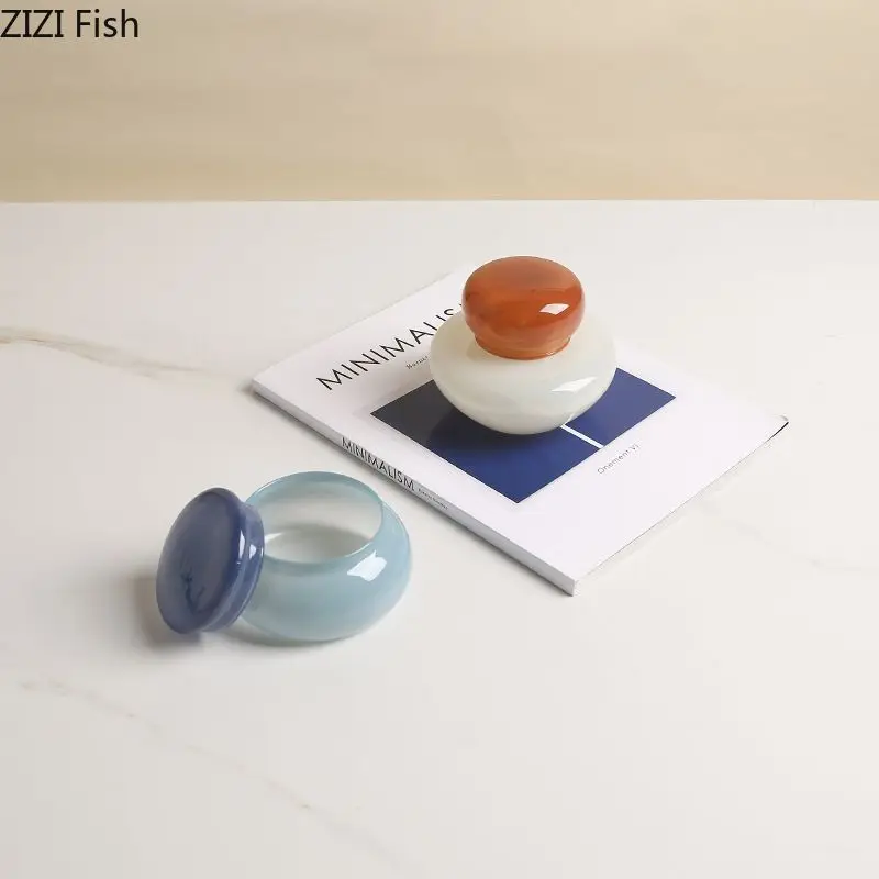 Colored Glass Storage Jar with Lid Dressing Table Desktop Storage Jars Ring Jewelry Box Round Cosmetic Jar Candy Pots Aroma Can 3