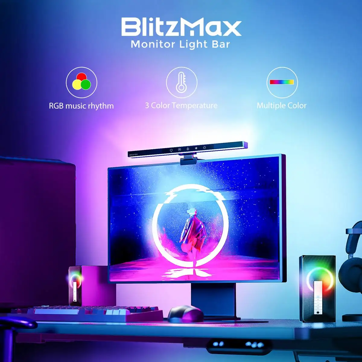 Blitzmax-lâmpada do Monitor do Computador Barra Clara do Rgb Cor Ajustável 5v 2a para a Casa e o Escritório - Imagem 4